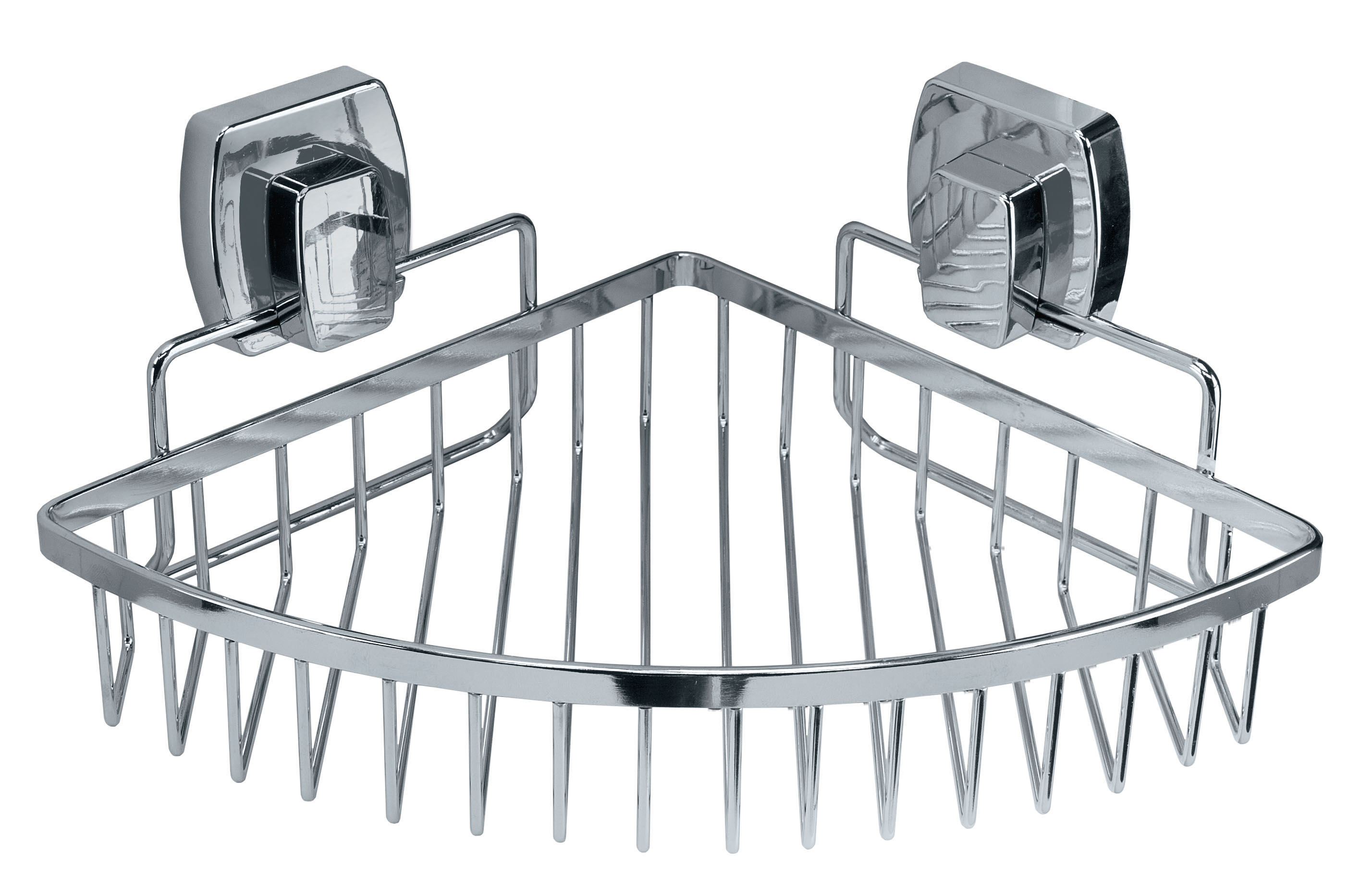 Eck-Duschkorb aus verchromtem Metall mit zwei Saugnäpfen zur einfachen Befestigung. Ideal zur Aufbewahrung von Duschutensilien.