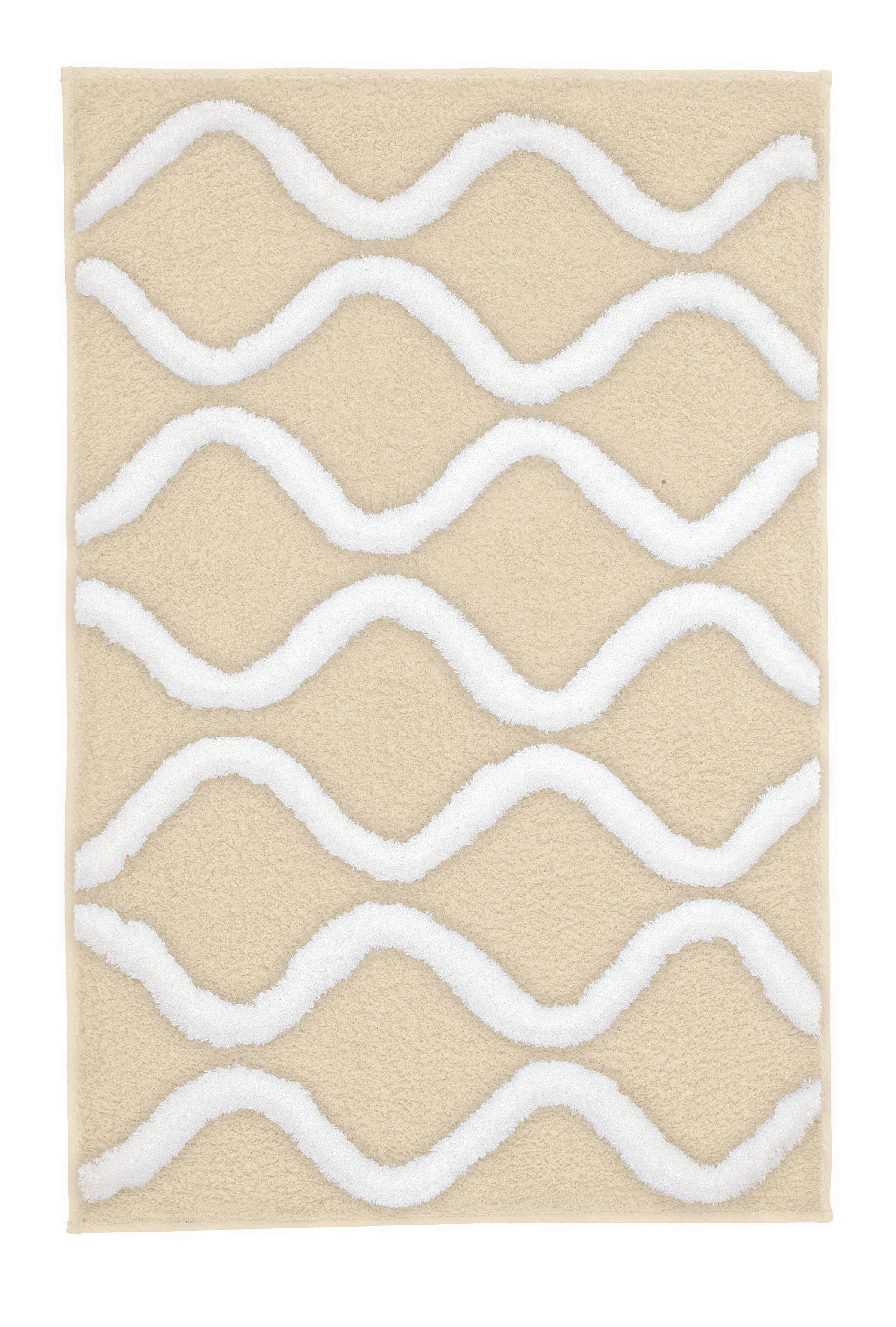 Beige Badematte mit weißen Wellenlinien, weiche Textur, modernes Design, ideal für Badezimmer.