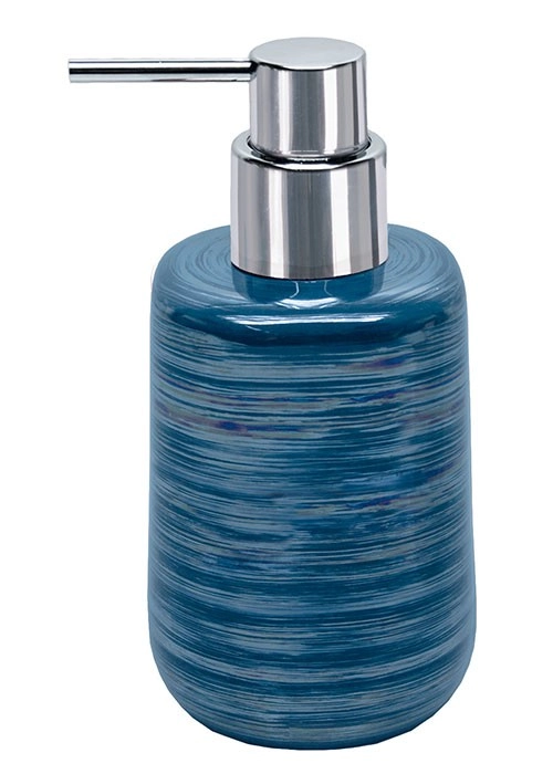 Seifenspender in Blau mit silbernem Pumpkopf, modernes Design, ideal für Badezimmer oder Küche.