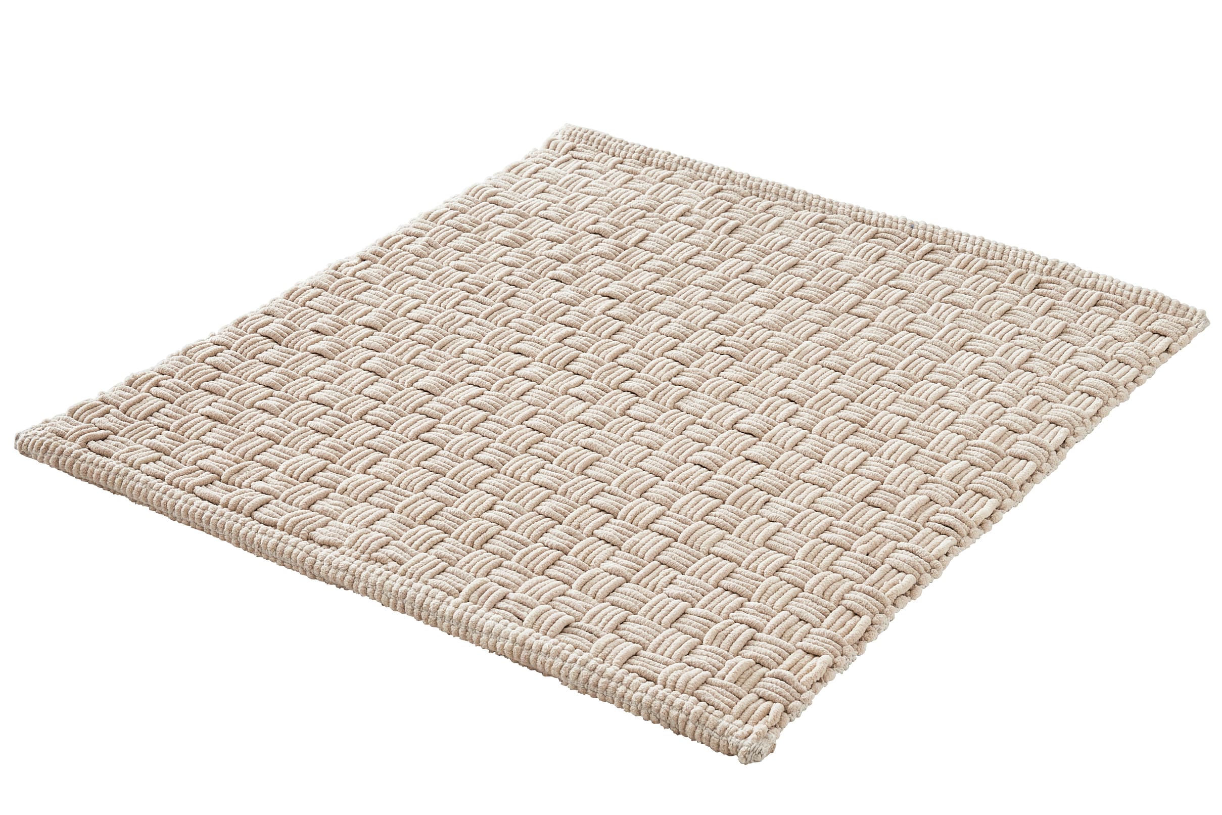 Beige Badematte mit geflochtenem Design, rechteckig, weiche Textur, ideal für Badezimmer.