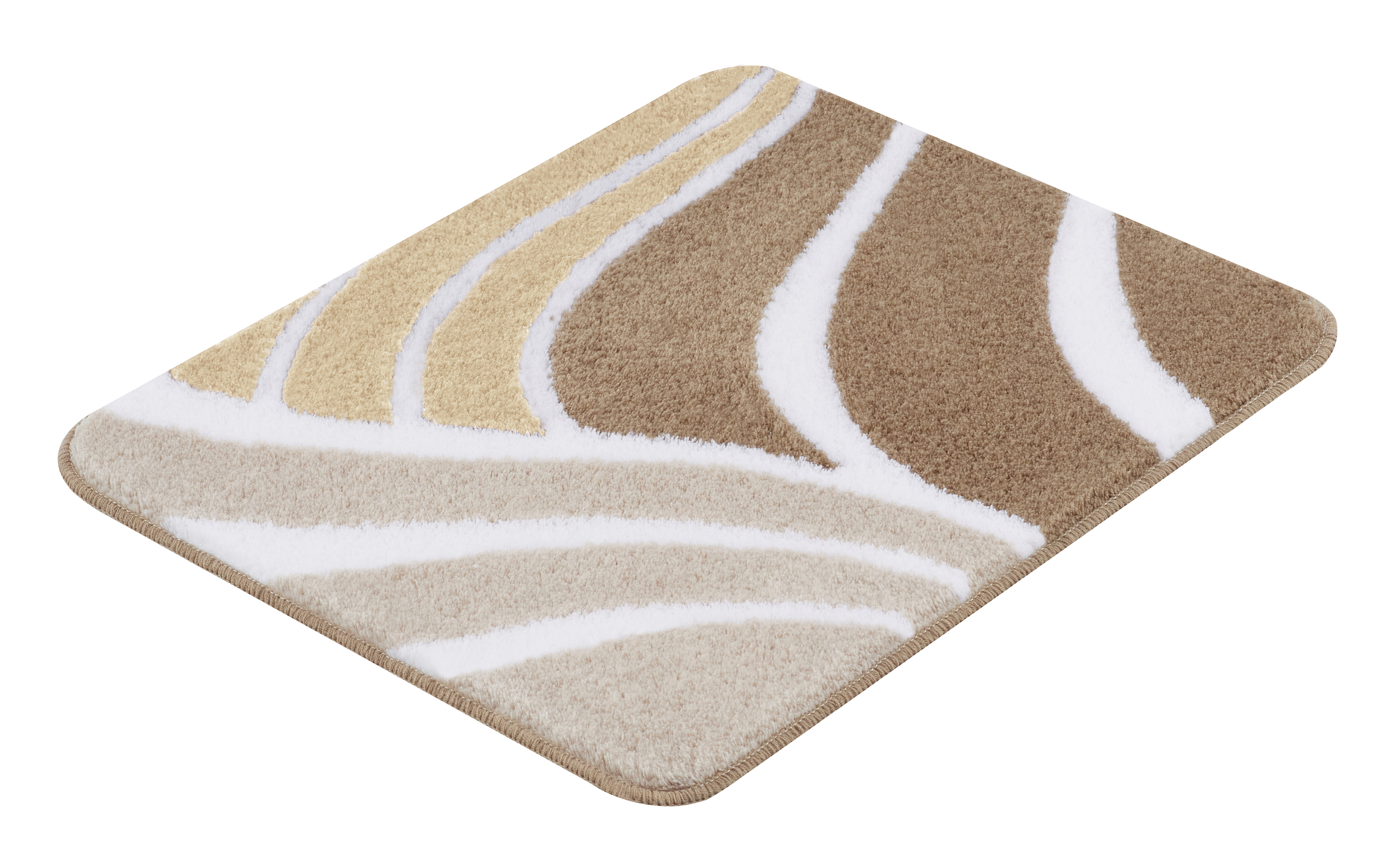 Badematte mit wellenförmigem Design in Beige- und Brauntönen, weiche Oberfläche, rutschfeste Unterseite.