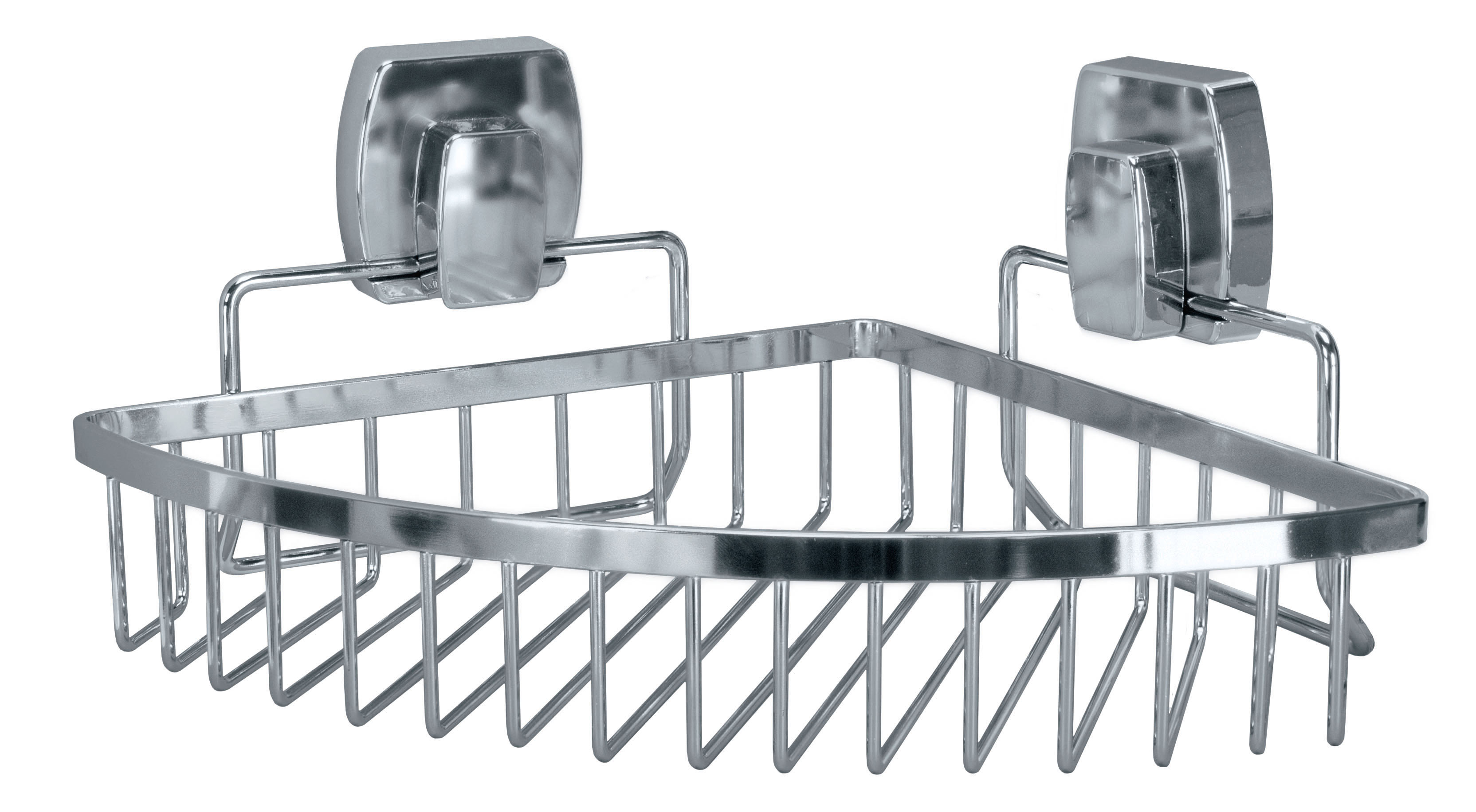 Eck-Duschkorb aus Edelstahl mit zwei Saugnäpfen zur einfachen Befestigung, ideal für die Aufbewahrung von Duschutensilien.