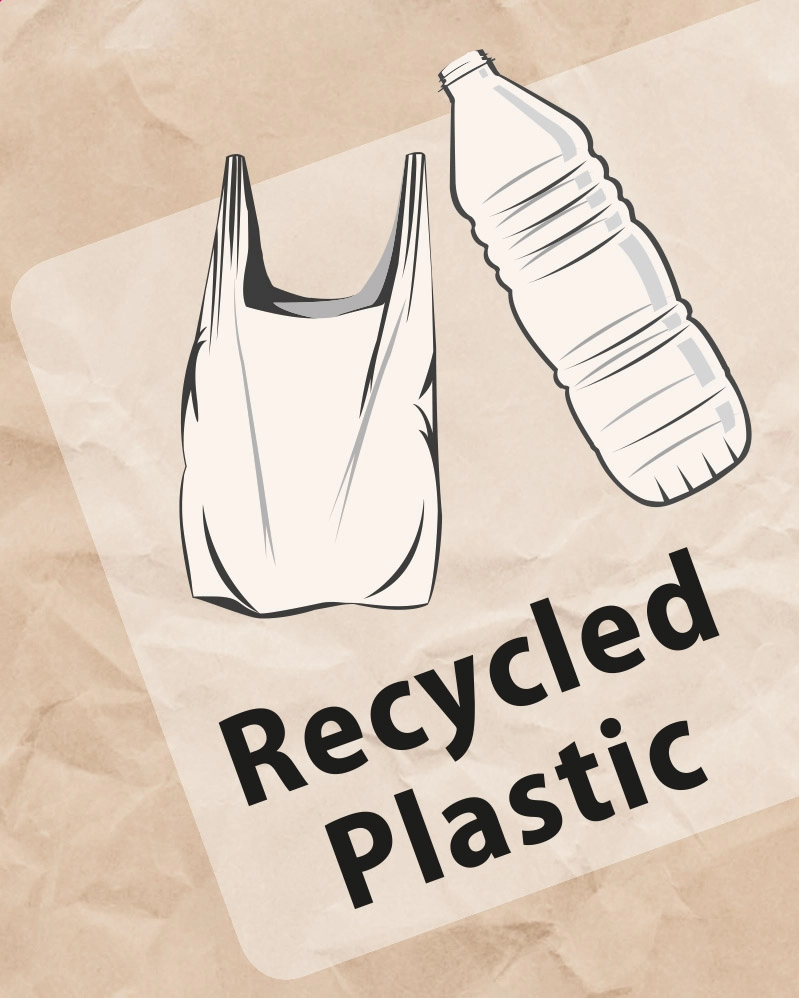 Illustration einer weißen Einkaufstasche und einer Plastikflasche auf braunem Hintergrund mit dem Text "Recycled Plastic".