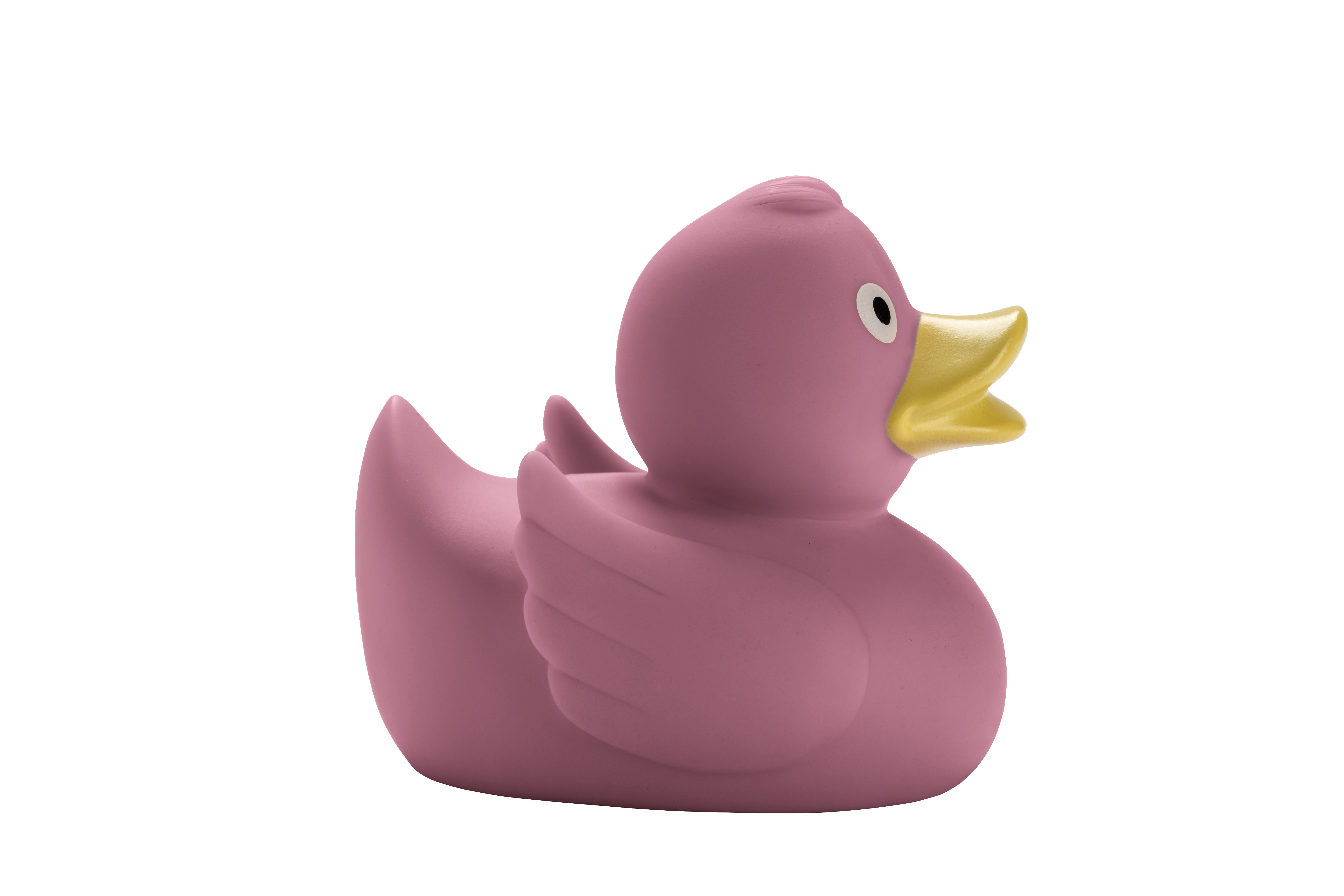 Rosa Badeente mit gelbem Schnabel und weißen Augen, ideal für das Badezimmer oder als Geschenk.