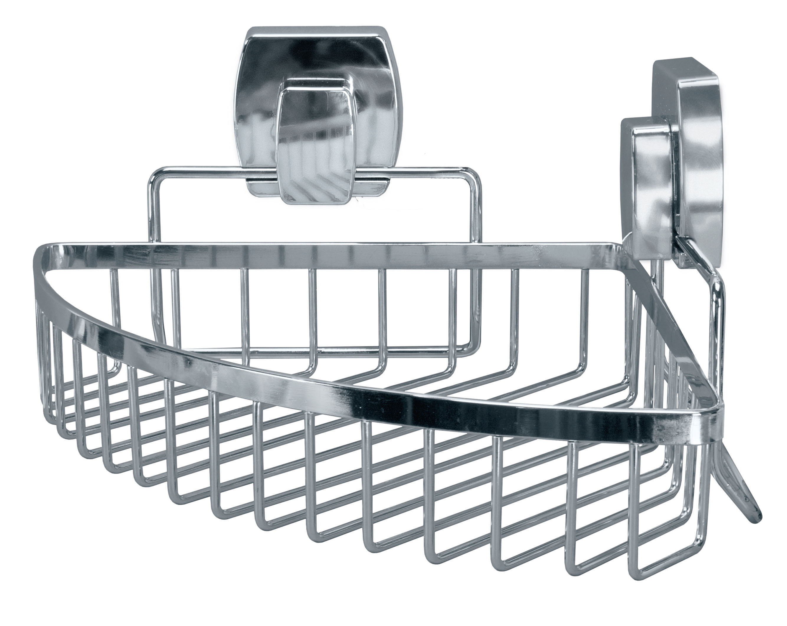 Eck-Duschkorb aus Edelstahl mit Saugnapfhalterung, ideal zur Aufbewahrung von Duschutensilien.
