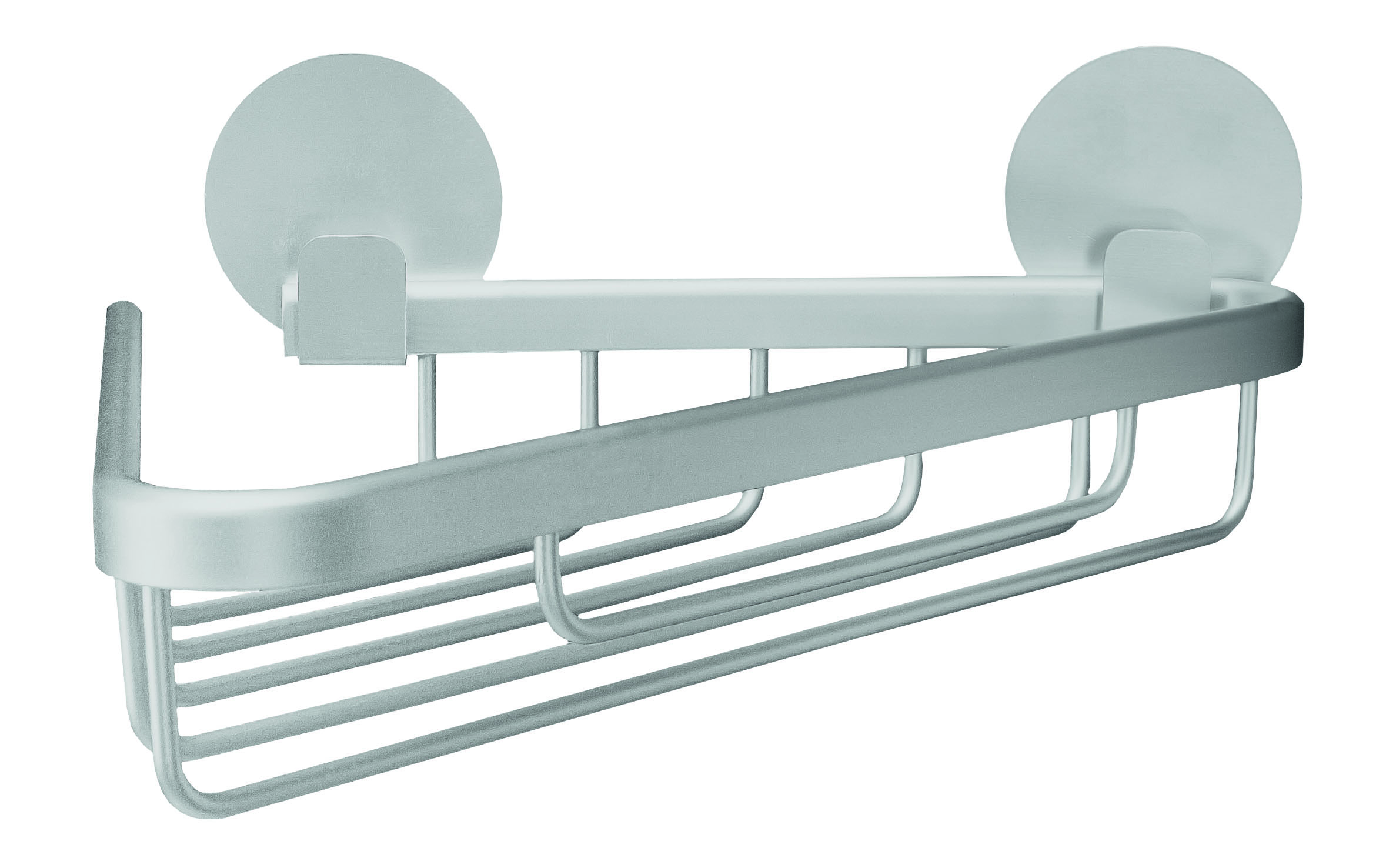 Eck-Duschkorb aus Edelstahl mit Saugnäpfen, ideal zur Aufbewahrung von Duschutensilien, rostfrei und einfach zu montieren.