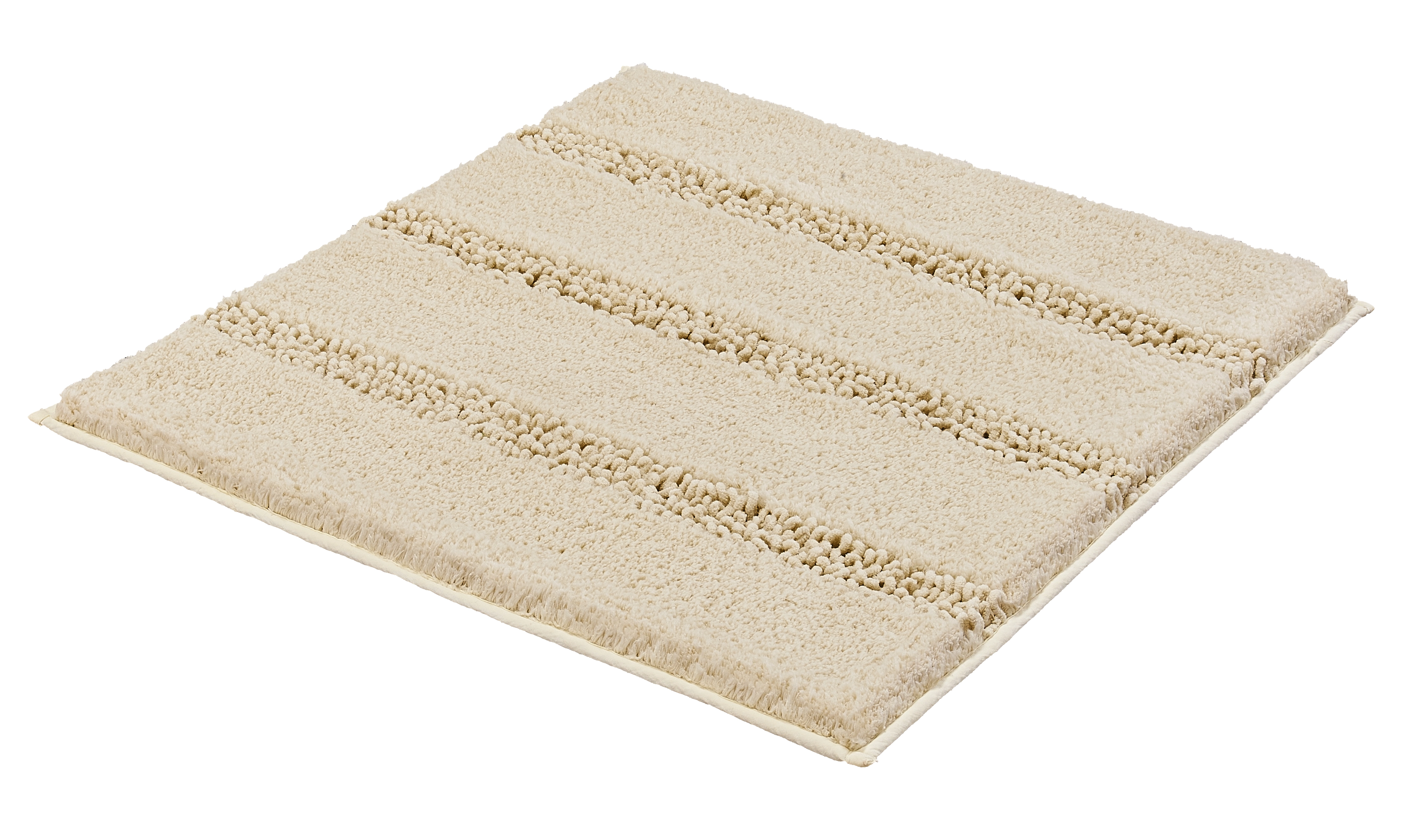 Beige Badematte mit Streifenmuster, weiche Textur, rutschfeste Unterseite, ideal für Badezimmer.