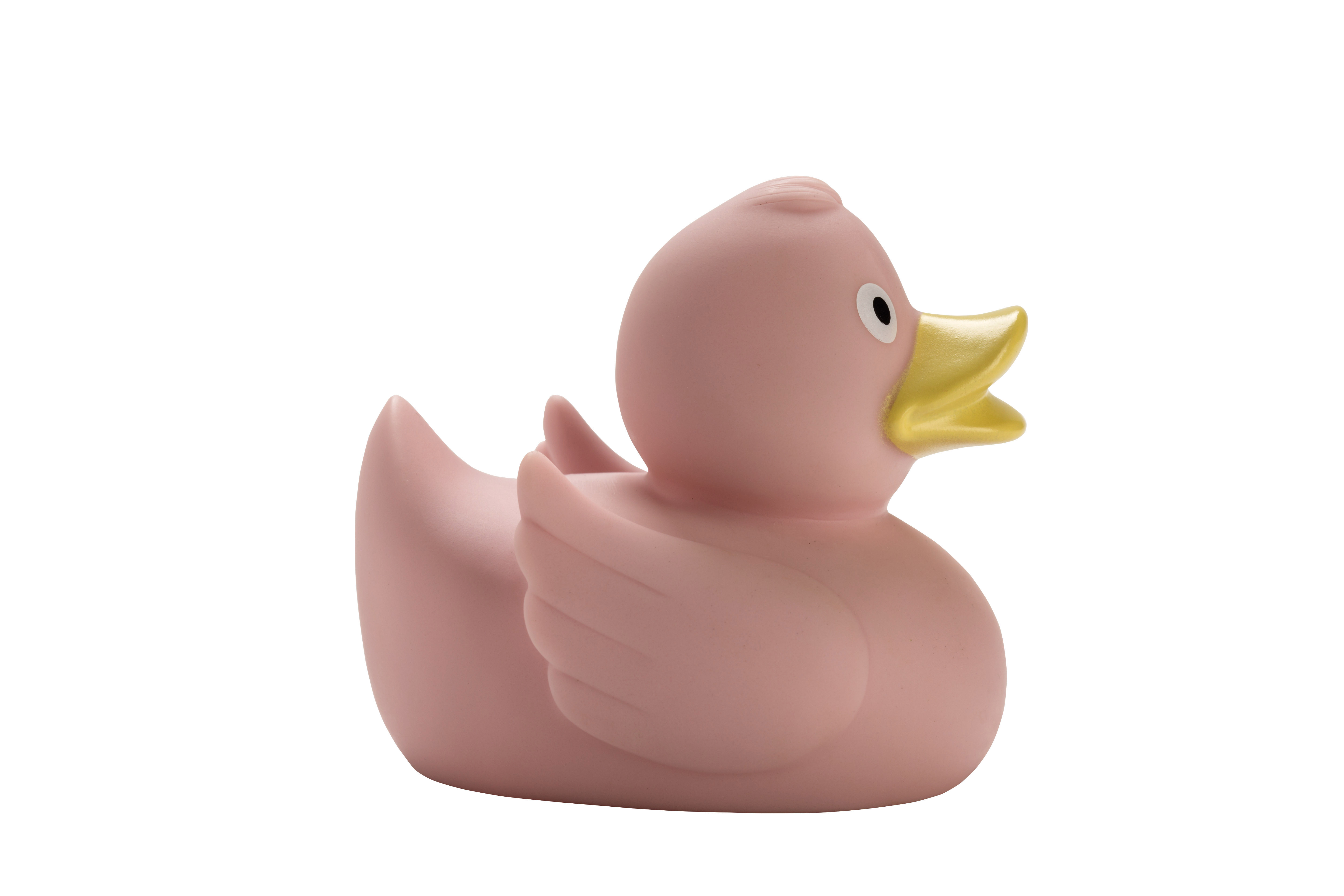 Rosa Badeente mit gelbem Schnabel und weißen Augen, ideal für das Badezimmer oder als Geschenk für Kinder.