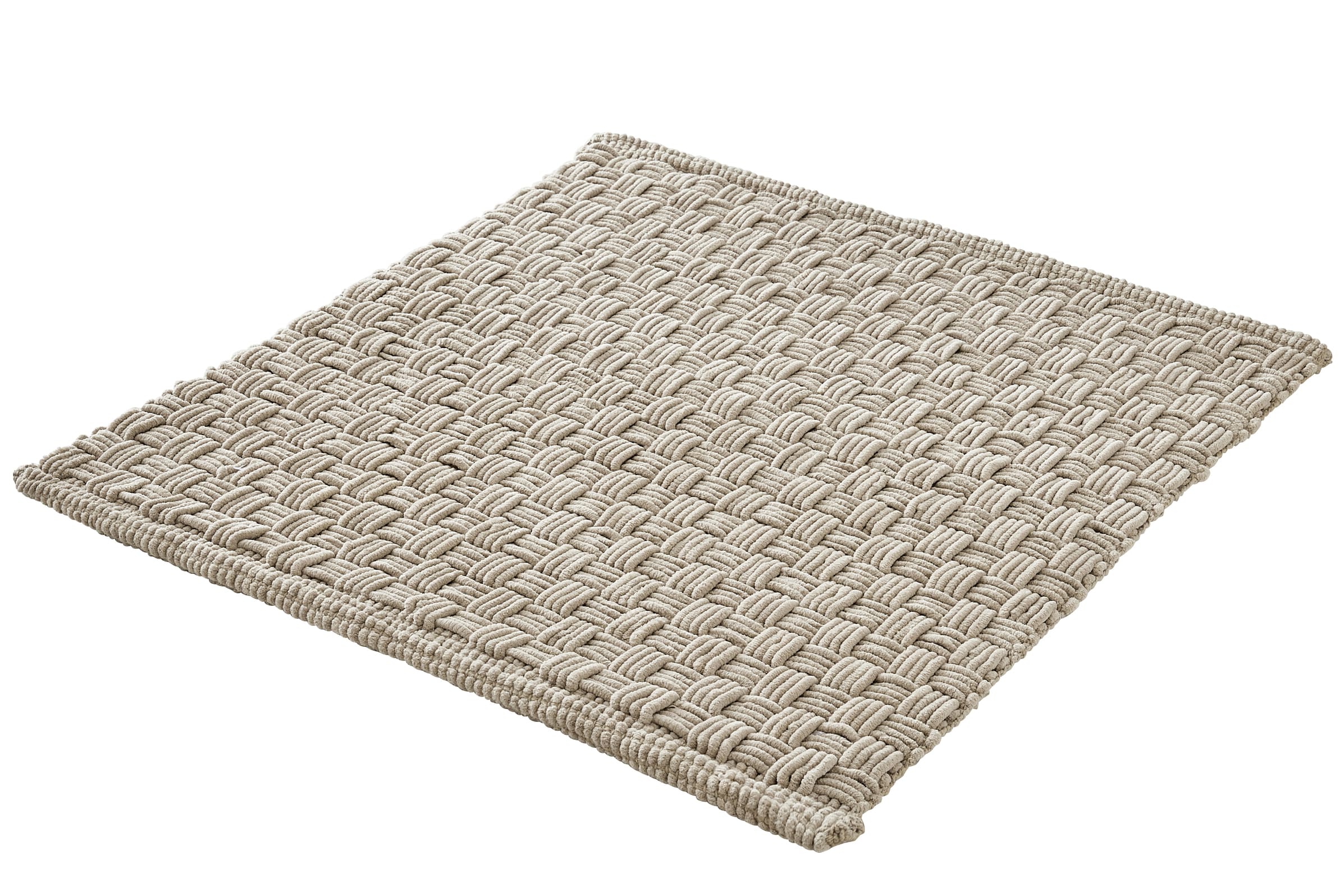 Beige Badematte mit geflochtenem Design, rechteckig, weiche Textur, ideal für Badezimmer.