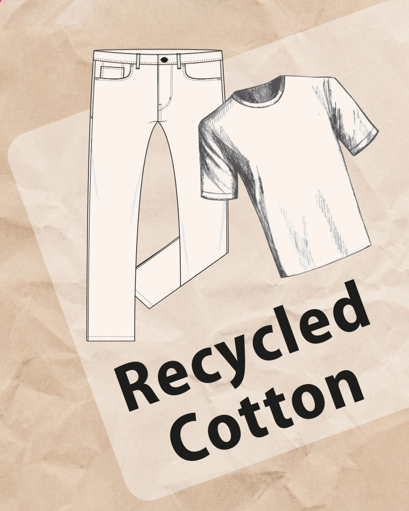 Illustration von Jeans und T-Shirt aus recycelter Baumwolle auf braunem Hintergrund mit dem Text "Recycled Cotton".