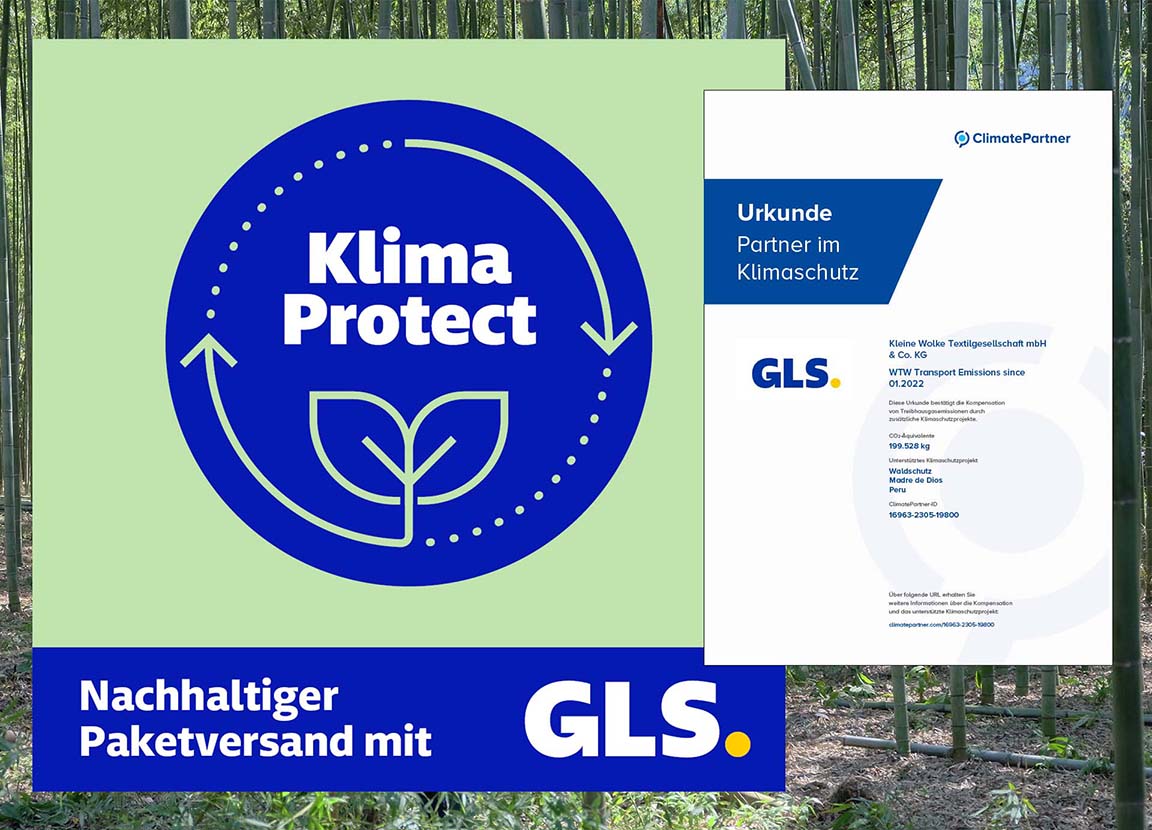 Nachhaltiger Paketversand mit GLS, Klima Protect Zertifikat, Partner im Klimaschutz, grüne Blätter, Waldhintergrund.