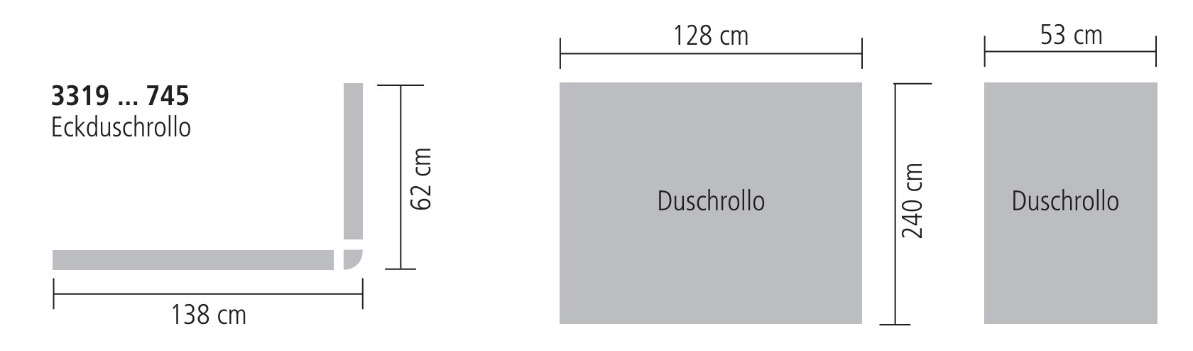 Eckduschrollo Komplettset inkl. Kasten in Weiß und Duschvorhang Grau, 138+62x240cm