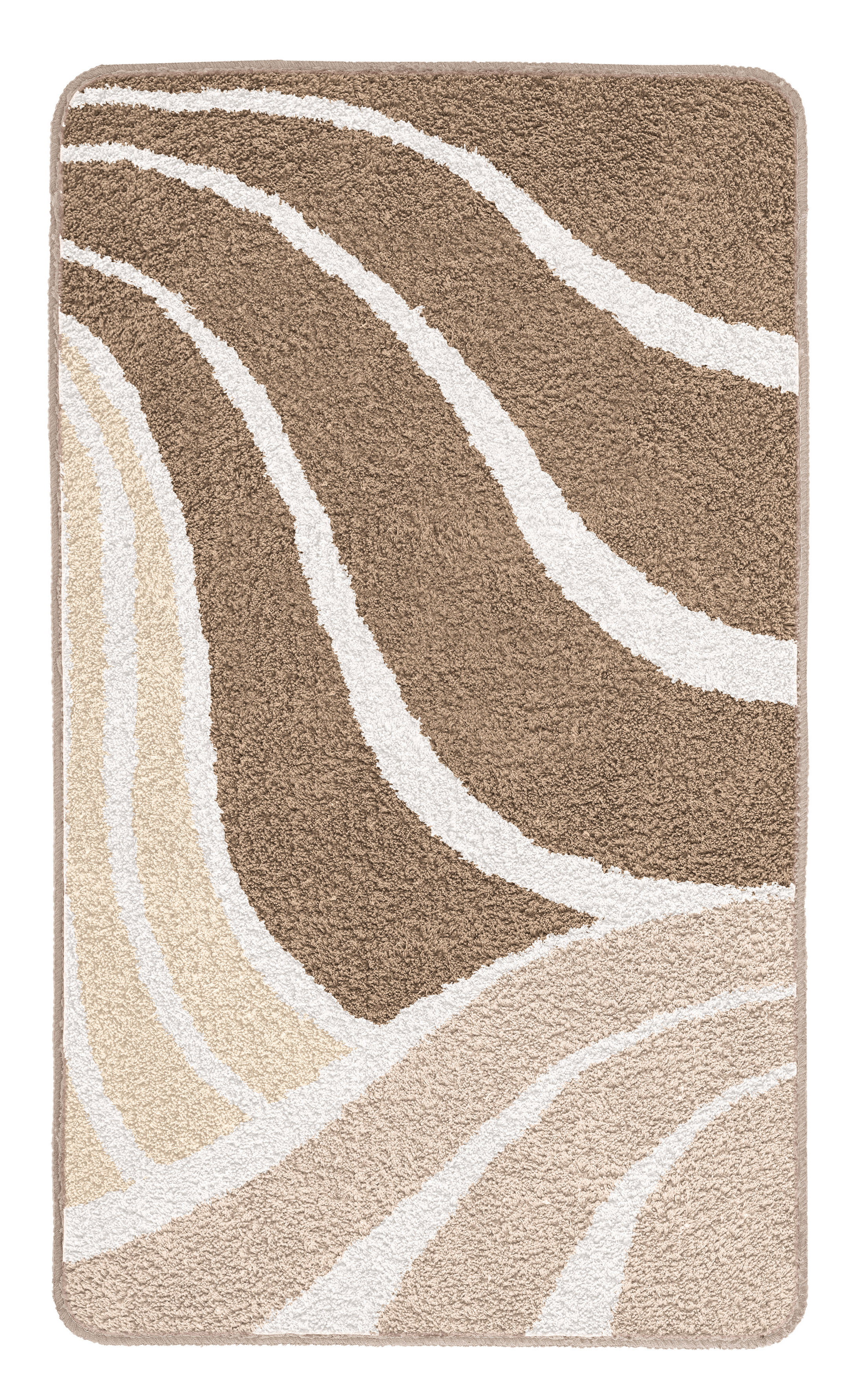 Badematte mit wellenförmigem Design in Beige- und Brauntönen, weiche Textur, ideal für Badezimmer.